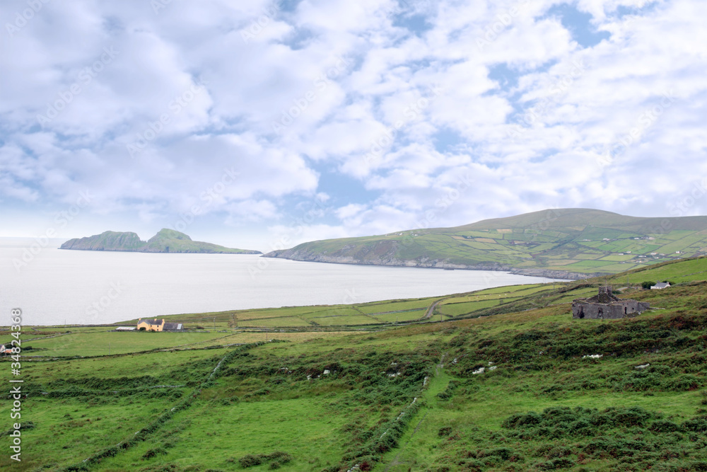 green irish fields and islands view