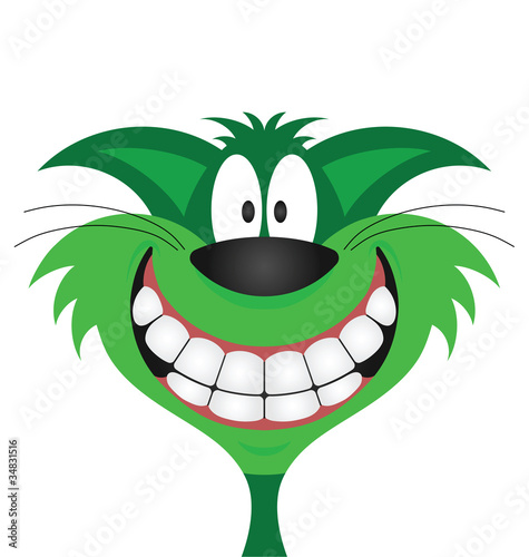 Happy smiling green cat isolated on white background