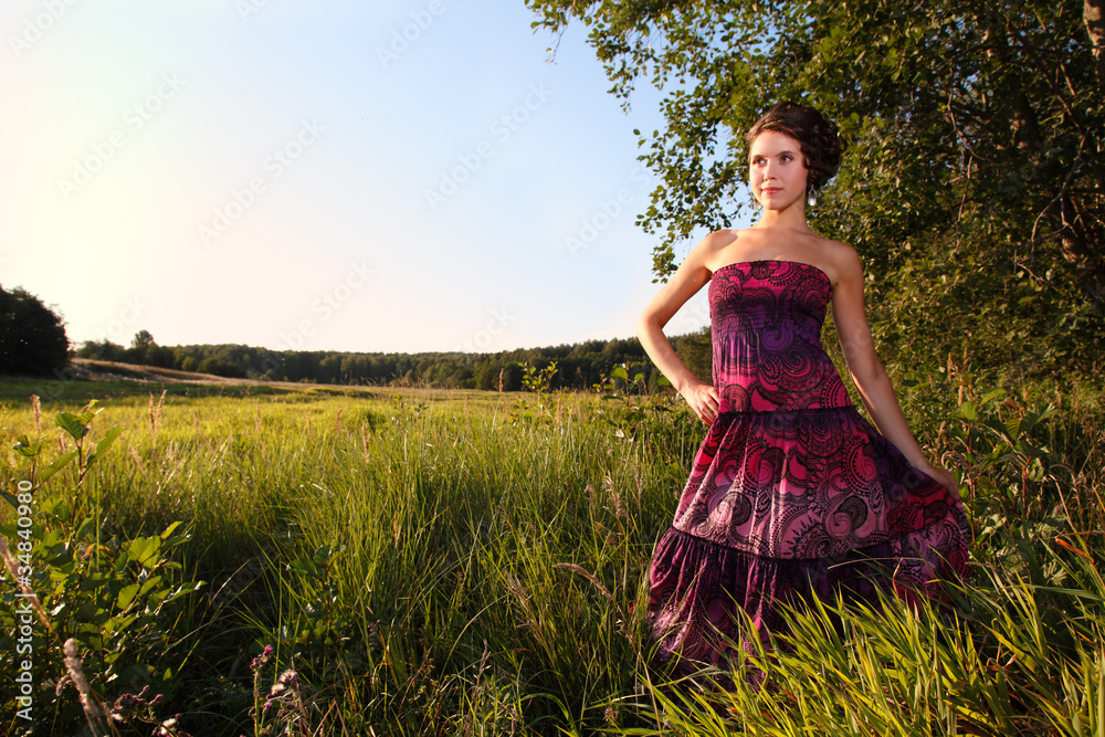 Obraz premium Beautiful girl in dress on field