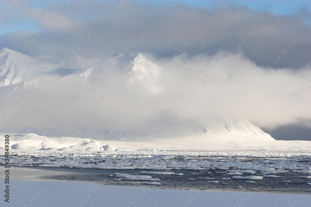 Arctic landscape - mountains, glacier, sea