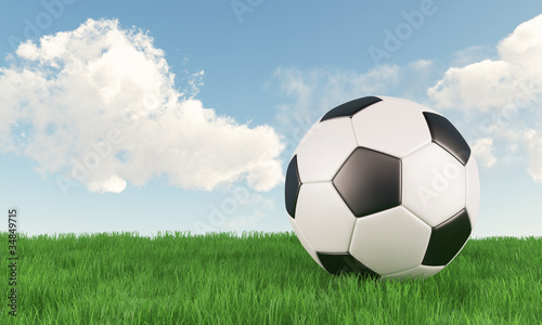 Leather soccer ball on green grass field with blue cloudy sky