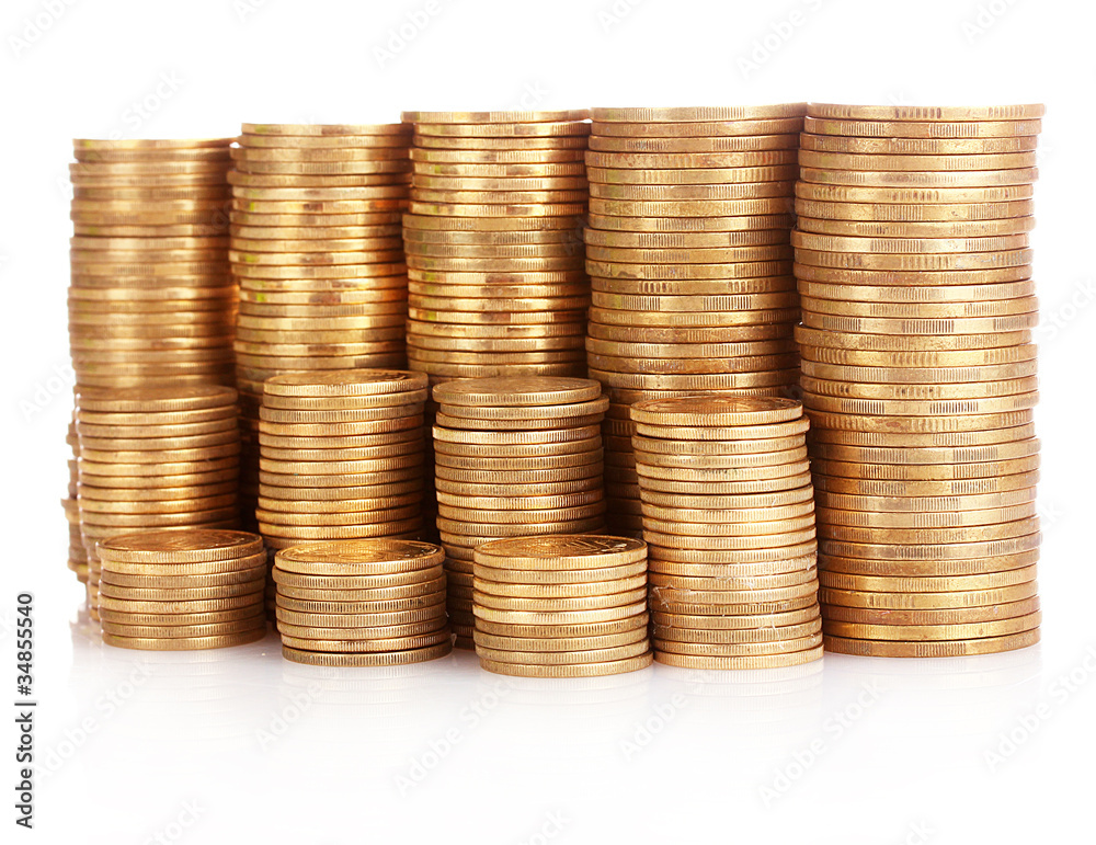 Many coins in column isolated on white Many coins in column isolated on white