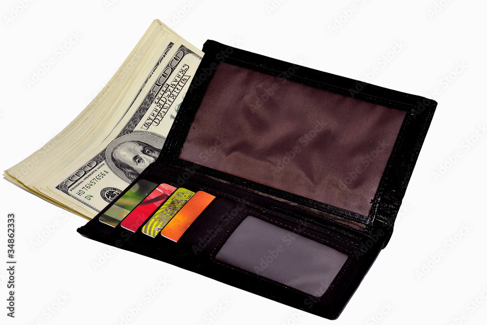 Wallet with money and credit cards on a white background Wallet with money and credit cards on a white background