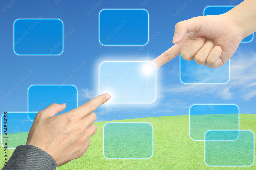 hand pushing a button on a touch screen interface hand pushing a button on a touch screen interface
