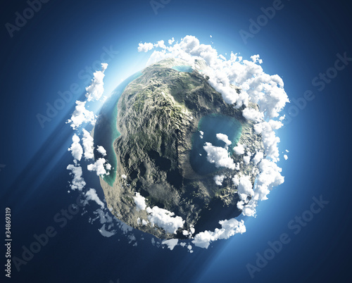 Foto Small planet with oceans and mountains