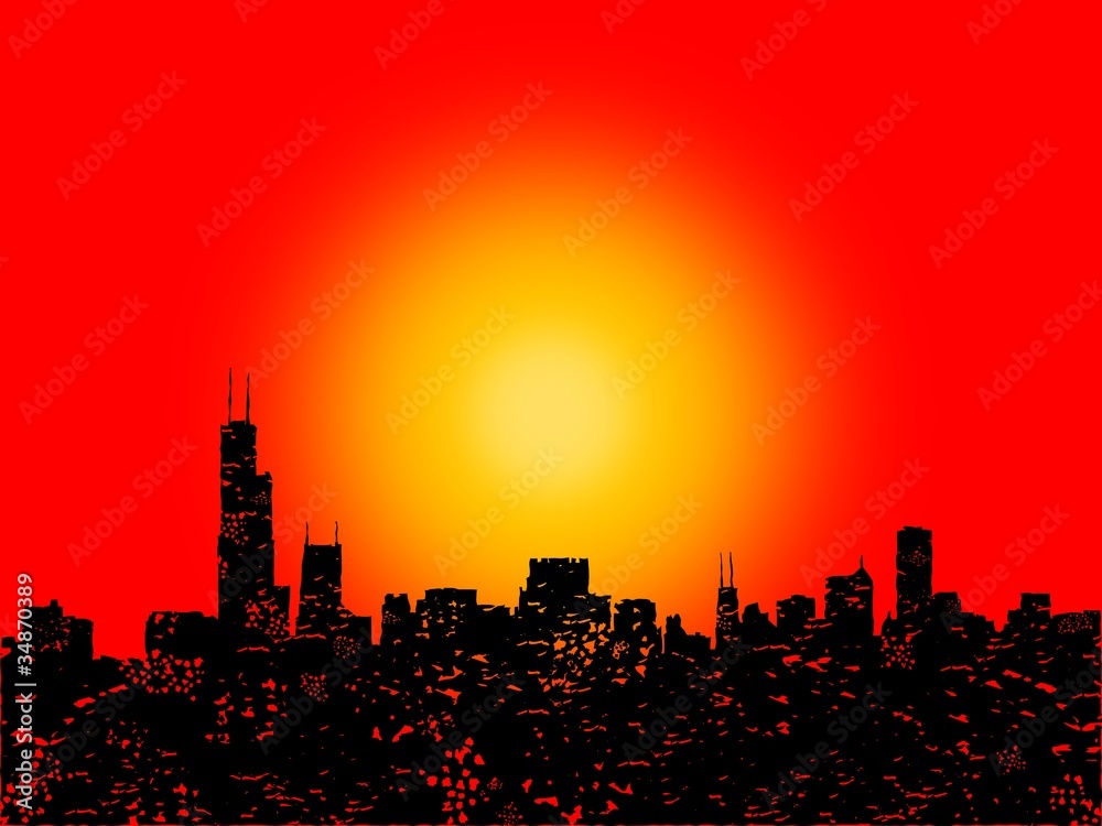 Grunge Chicago skyline with abstract sunset illustration