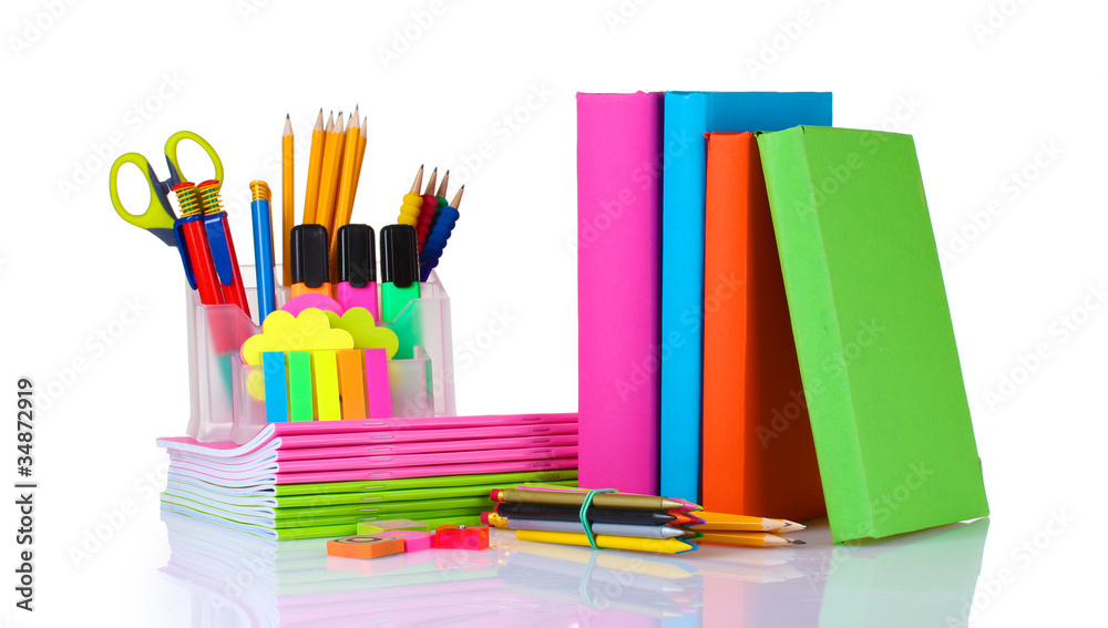 Fototapeta premium bright stationery and books isolated on white