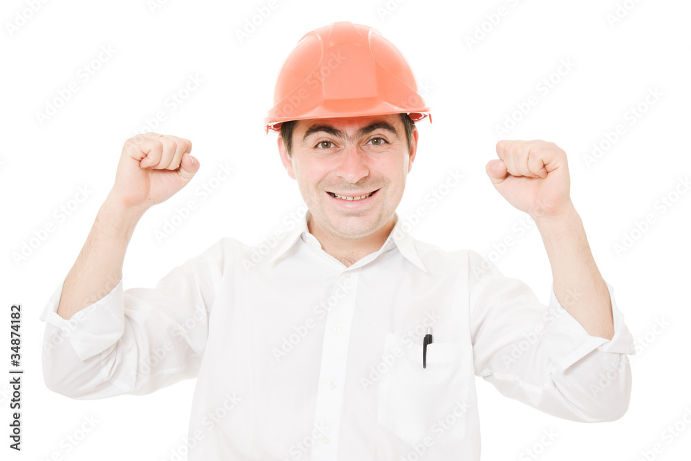 A successful businessman in his helmet on a white background.