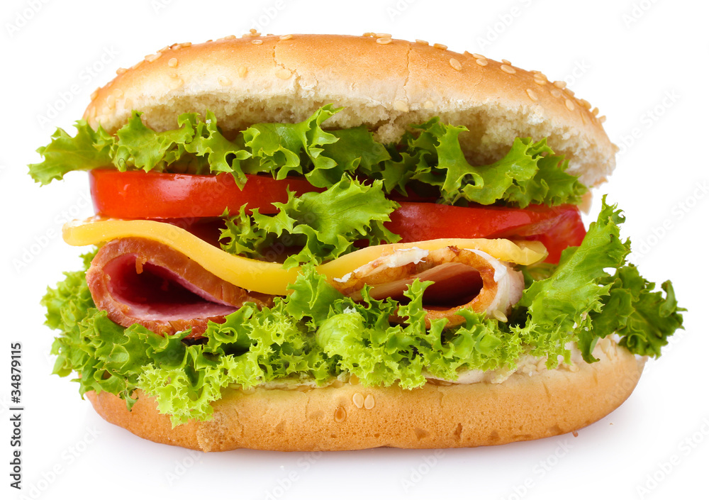 tasty hamburger with vegetables and ham isolated on white tasty hamburger with vegetables and ham isolated on white
