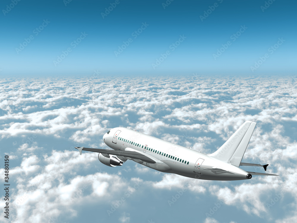 White passenger plane flies highly over clouds