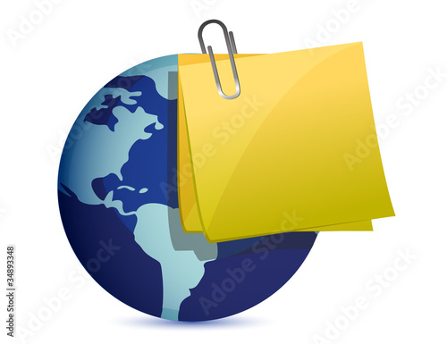 a notepad page reminder on a world globe