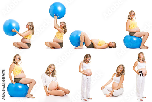 Pregnant woman fitness  collage isolated on white