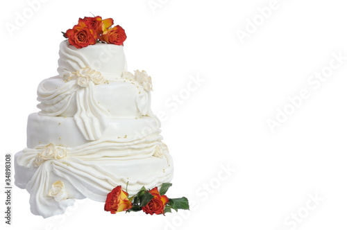 Marzipan wedding cake with natural roses isolated on white