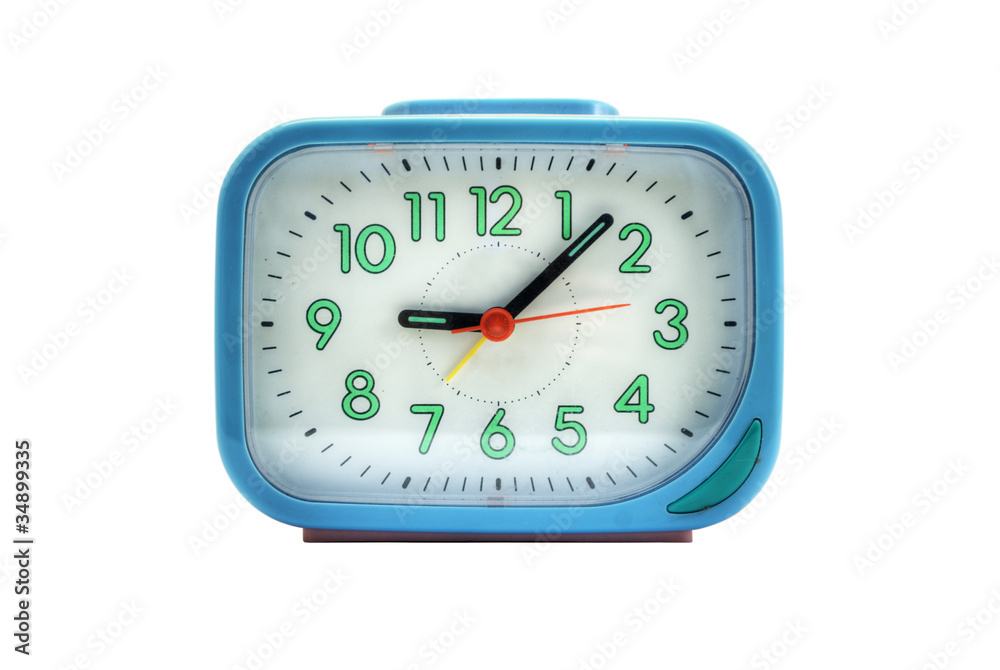Little blue alarm clock isolated on white.