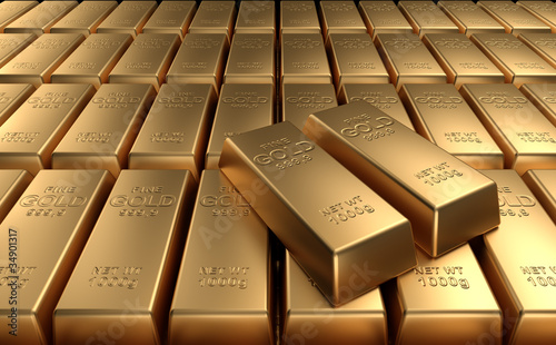 Stacked gold bars. High quality 3d render.