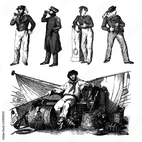 Engraving vintage sailor man set.