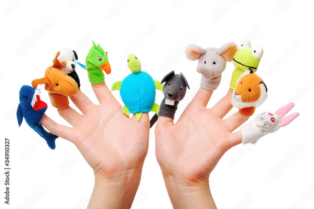 Female hand wearing 10 finger puppets