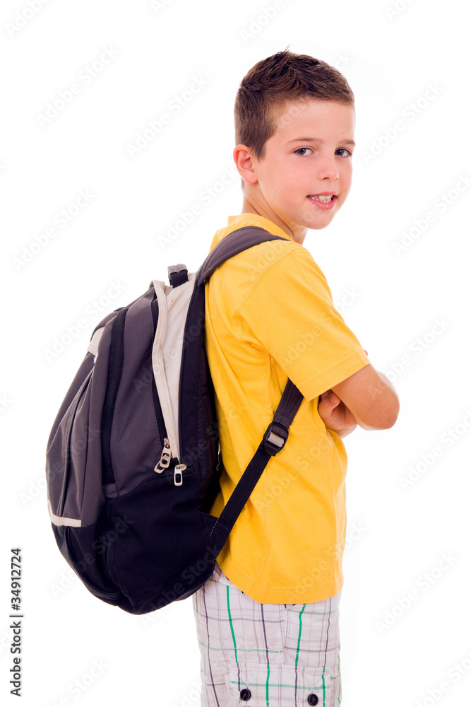Portrait of school boy standing with scholl bag, isolated on whi Portrait of school boy standing with scholl bag, isolated on whi