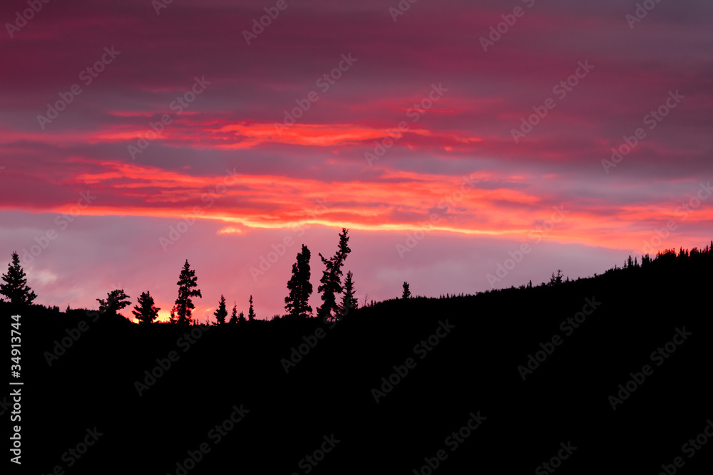 Cloudy sunset sky on fire and silhouette of forest