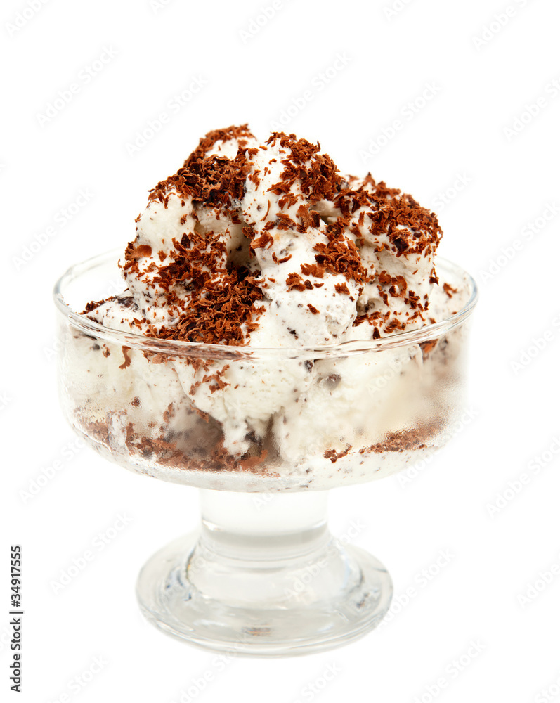 Ice cream covered with chocolate in a glass