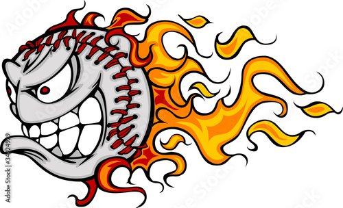 Flaming Baseball or Softball Face Vector Cartoon
