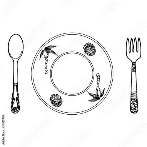 cartoon plate, fork and spoon