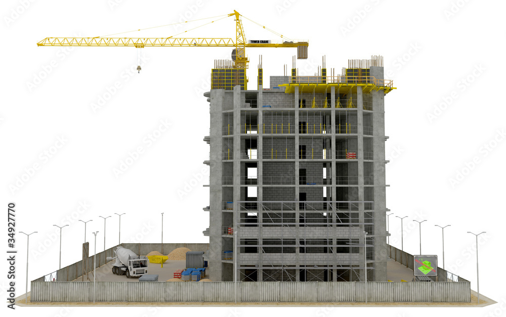 Construction site: incomplete skyscraper isolated Construction site: incomplete skyscraper isolated