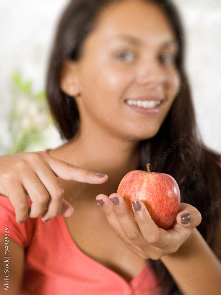 girl with red apple selective focus over apple girl with red apple selective focus over apple