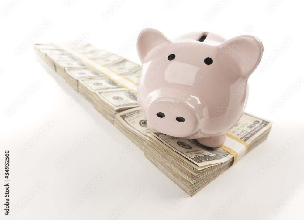 Fototapeta premium Pink Piggy Bank on Row of Money