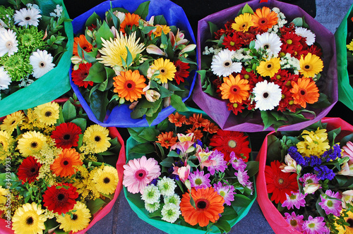Colorful floral bouquets at market