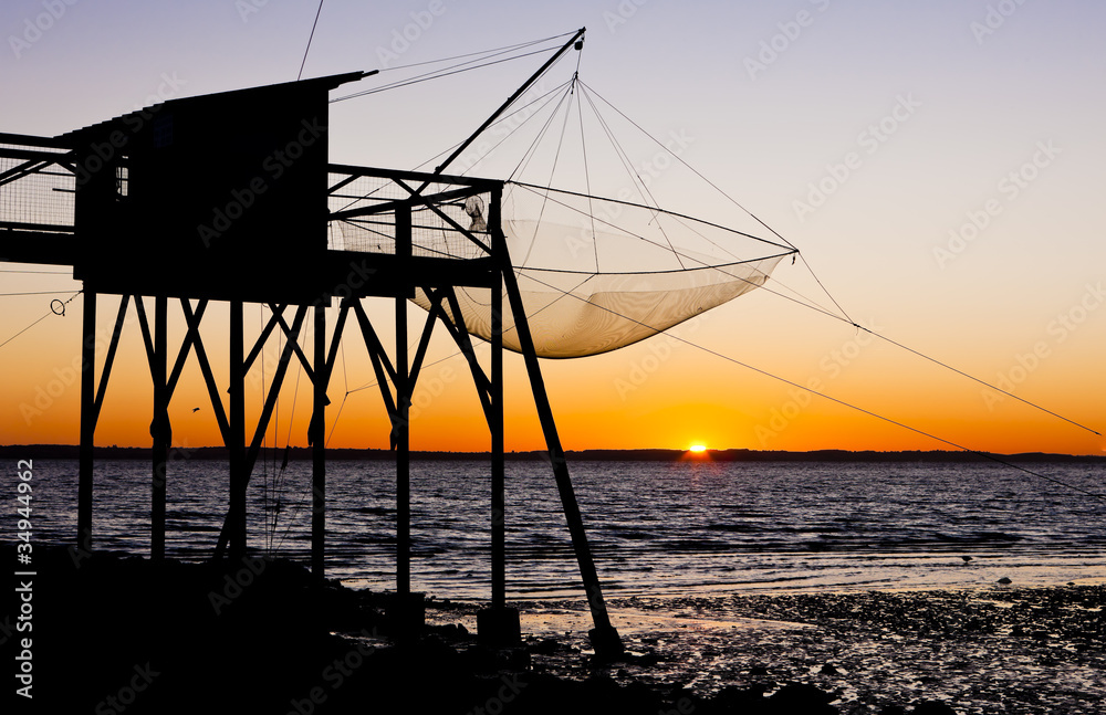 pier with fishing net during sunrise, Gironde Department, Aquita