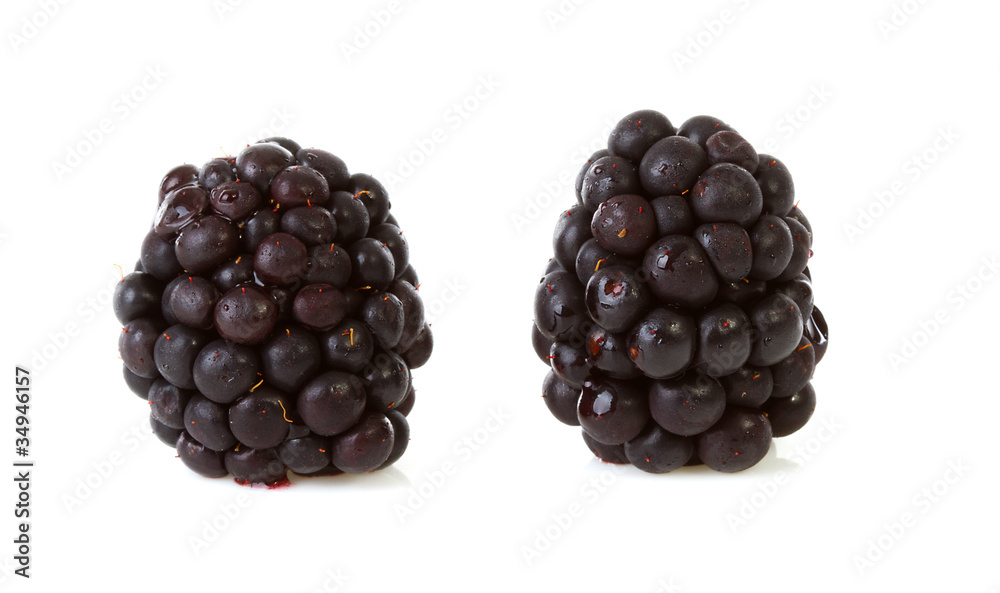 Macro of two blackberries over white background Macro of two blackberries over white background