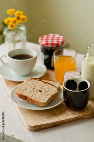 Breakfast with Toast, Coffee, Juice and Milk