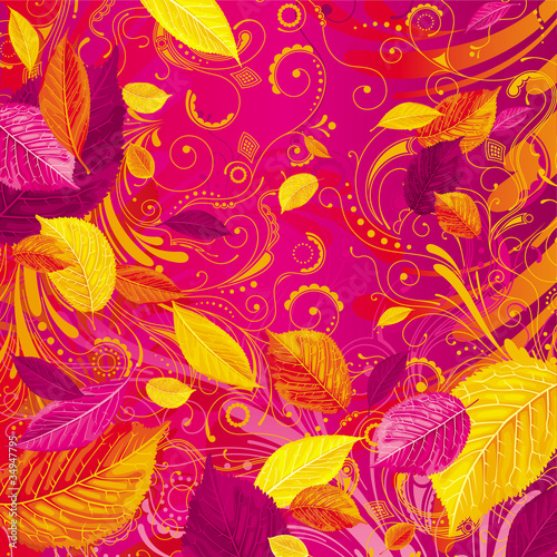 Seasonal autumn leaves on the red background
