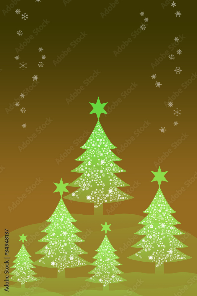 Green christmas tree with snow sky background