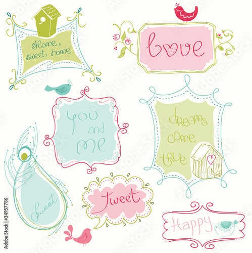 Sweet Doodle Frames with Birds and Bird Houses