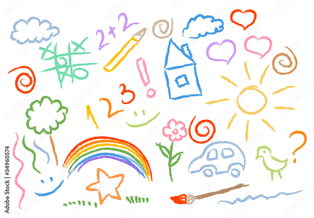 children drawing multicolored symbols vector set
