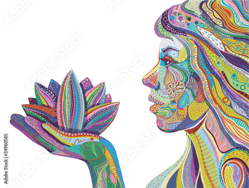 woman with lotus flower, bright ornate pattern vector