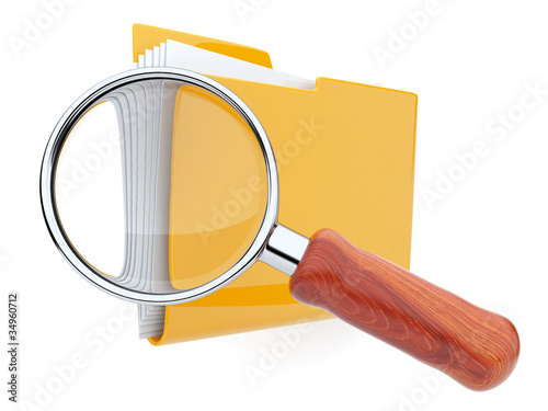 Folders and magnifying glass. File search. 3D isolated