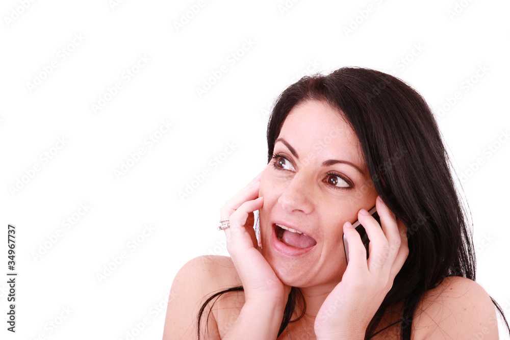 Happy businesswoman with cellphone, isolated on white Happy businesswoman with cellphone, isolated on white