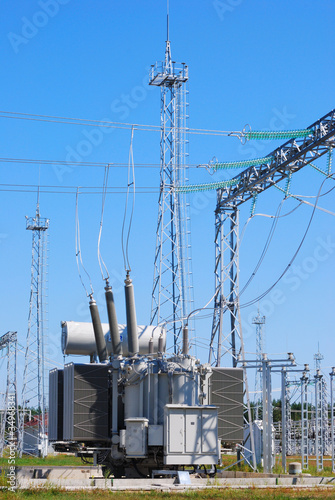 The powerful transformer on electrical substation photo