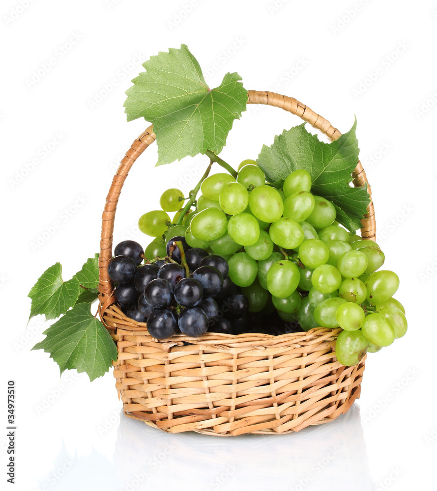 Ripe red grapes in basket isolated on white Ripe red grapes in basket isolated on white