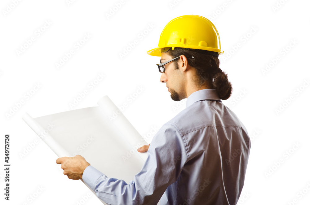 Engineer working with drawings on white