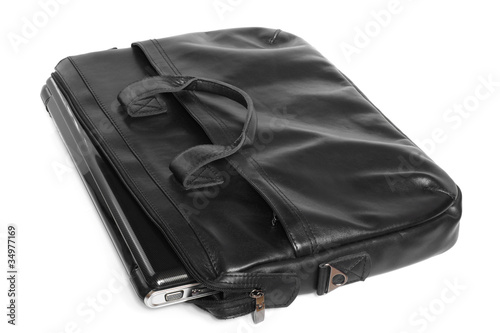 Black leather computer bag with laptop