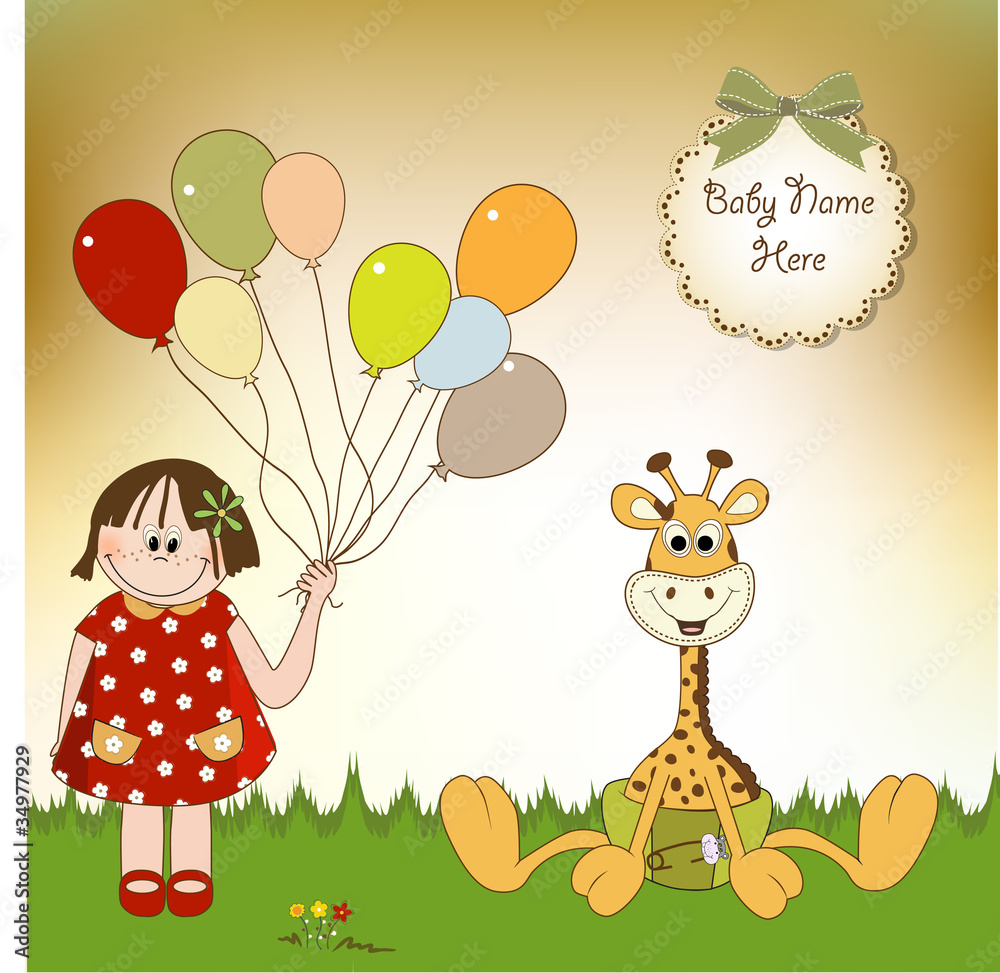 Obraz premium new baby announcement with baby giraffe