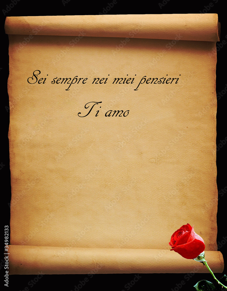 Foto Stock Messaggio d'amore su pergamena antica con rosa rossa | Adobe  Stock