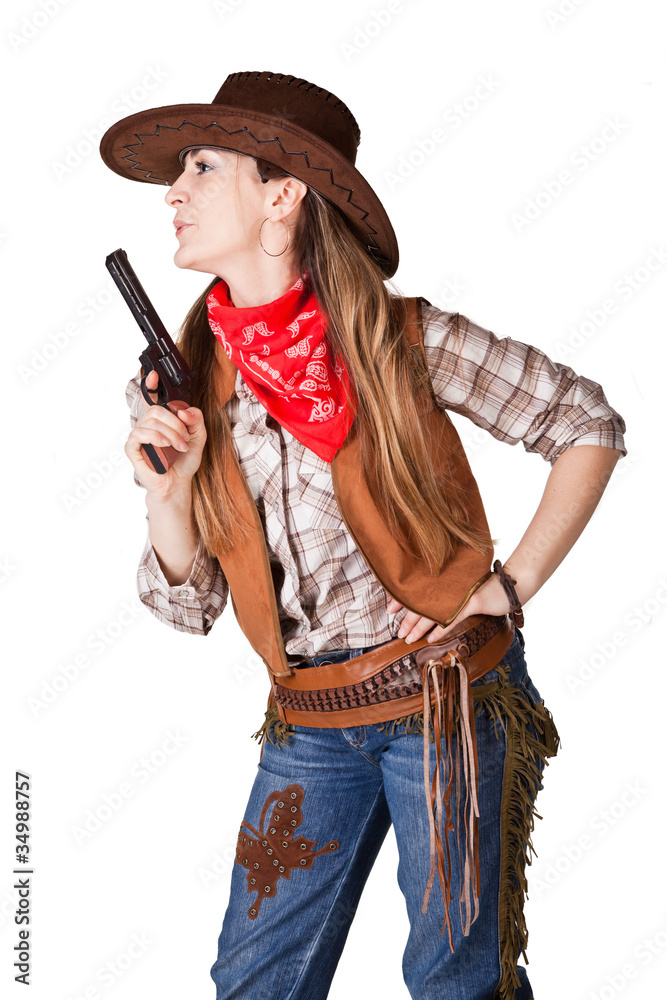 An isolated photo of a cowgirl with a gun An isolated photo of a cowgirl with a gun