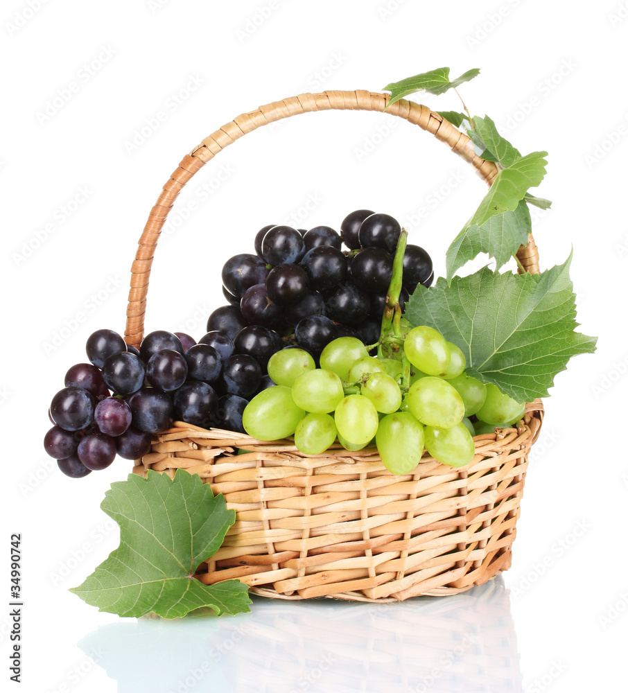 Ripe red grapes in basket isolated on white Ripe red grapes in basket isolated on white