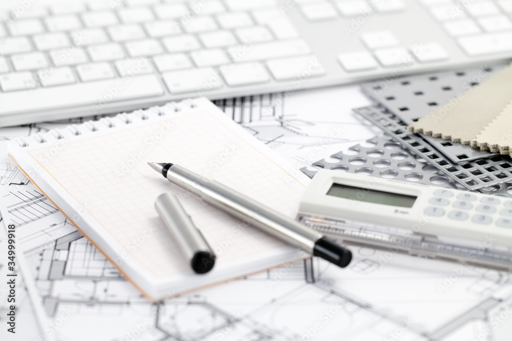 Ruler calculator, metric folding ruler, notepad, pen Ruler calculator, metric folding ruler, notepad, pen