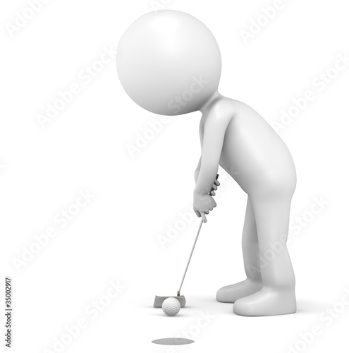 3D little human character The Golfer making a putt.